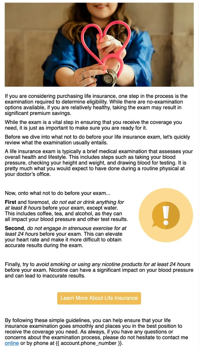 What not to do before a life insurance exam — an email AgentMethods writes and sends for insurance agents