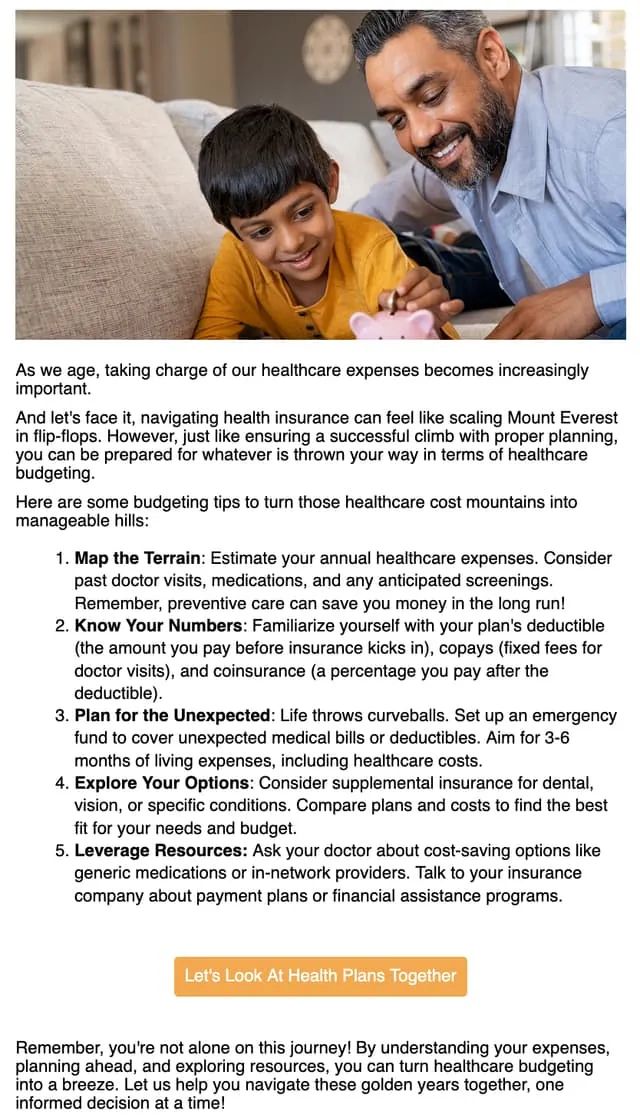 Budgeting for healthcare — an email AgentMethods writes and sends for insurance agents