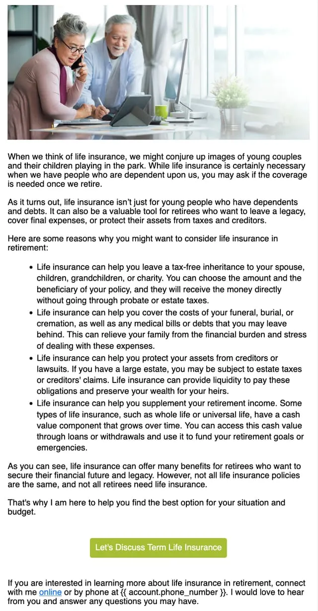 Do you need life insurance in retirement? — an email AgentMethods writes and sends for insurance agents