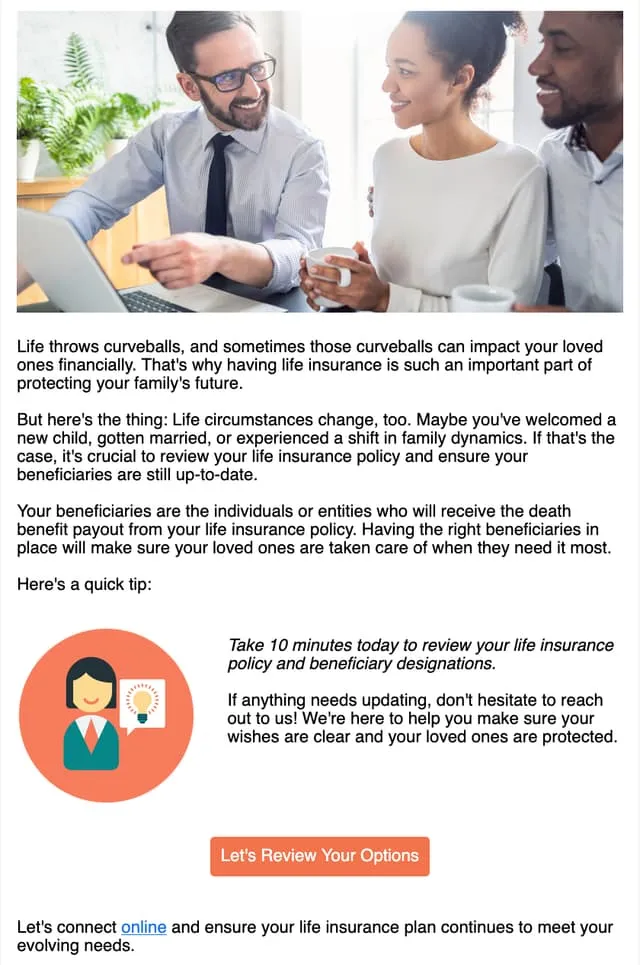 Keeping life insurance up to date — an email AgentMethods writes and sends for insurance agents