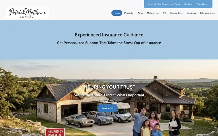 Patrick Matthews Agency website, an independent P&C agency site built on AgentMethods