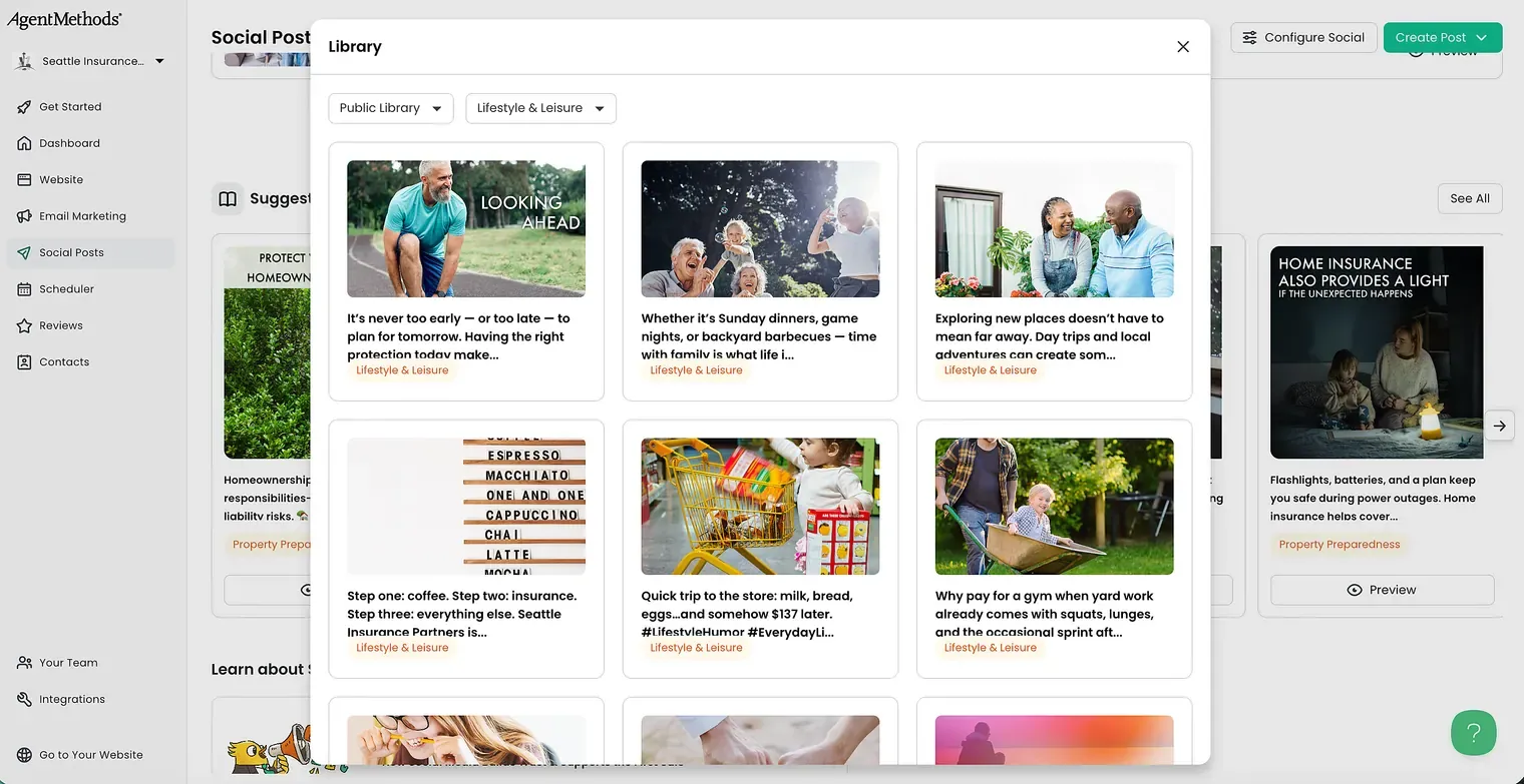 The AgentMethods social post library, showing ready-to-publish posts with images and captions