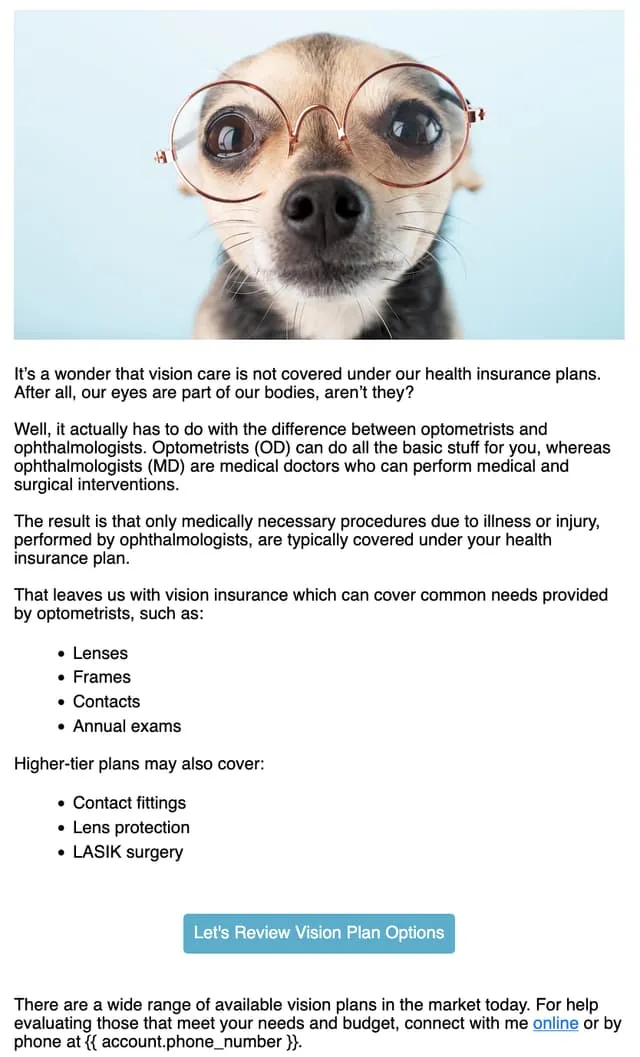 What does vision insurance include? — an email AgentMethods writes and sends for insurance agents